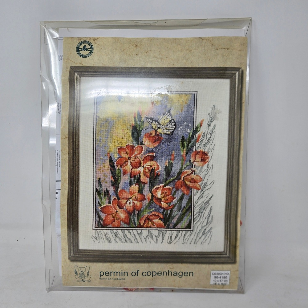 Permin of Copenhagen Cross Stitch Kit 90-4180 Flowers and Butterfly DMC Thread